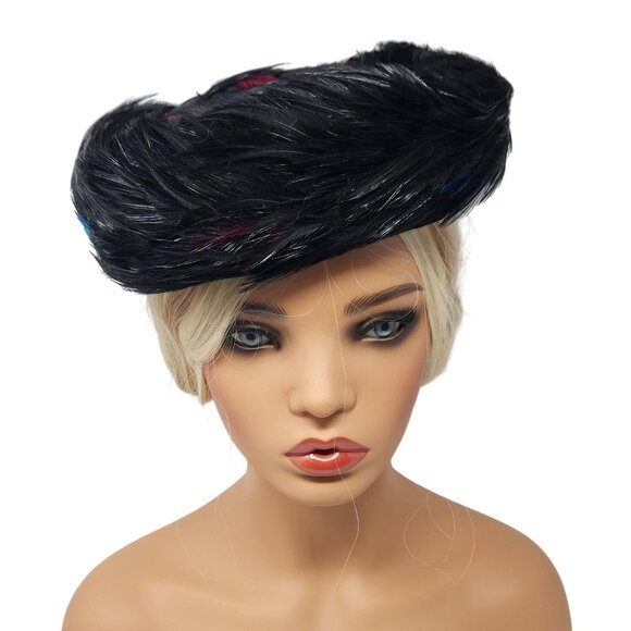 Vintage 1950s Black Feather Womens Pillbox Hat Red & Blue Accents Kentucky Derby - Picture 1 of 6